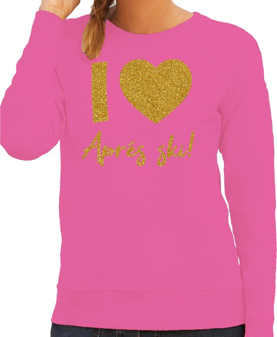 Bellatio Decorations Pull de ski après-ski femme - I love Apres ski - rose - or pailleté - sports d'hiver L