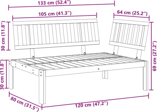 Canapé d'angle The Living Store en bois d'acacia - 133 x 92 x 69 cm - Canapé d'angle design modulable - Canapé lounge - Ensemble de jardin - Mobilier d'extérieur - Banc de jardin - Bois d'acacia - Mobilier Plein air