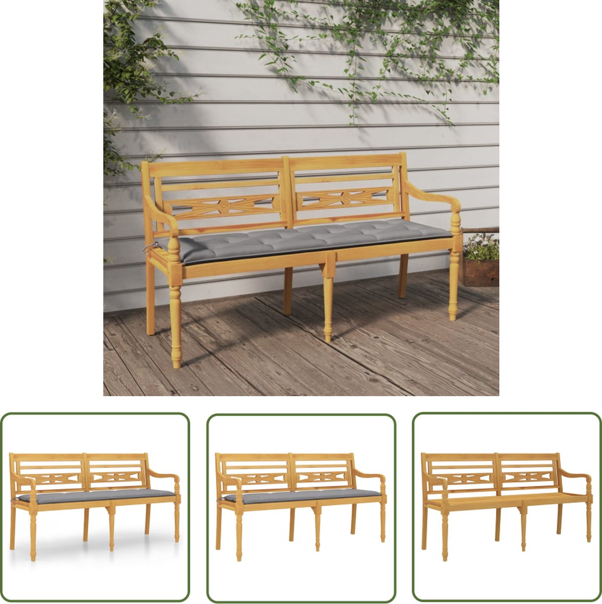 vidaXL Teak Hout - Tuinstoel - Bankje Batavia met grijs kussen 150 cm massief teakhout - Buitendecoratie - Lounge Stoel - Tuinset