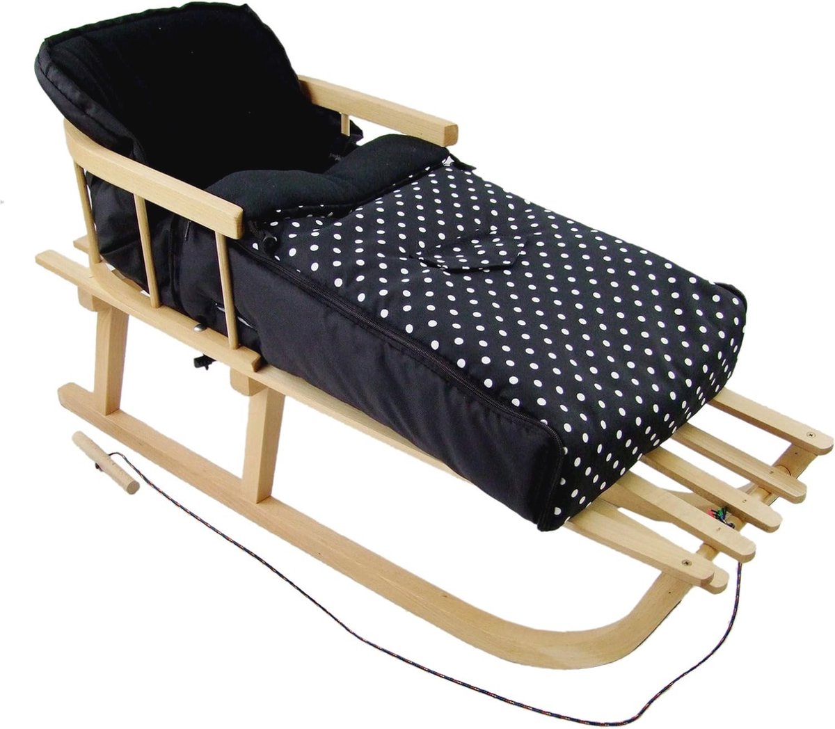 Houten slee met rugleuning en voetenzak 90 cm - ideaal voor kinderen