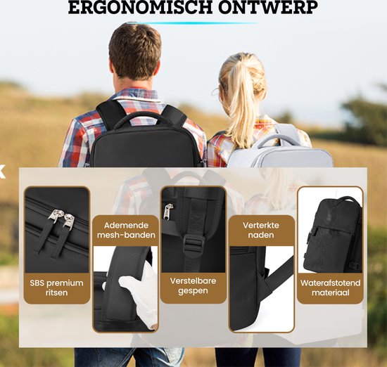 Zwarte rugzak met ergonomisch ontwerp, SBS ritsen, ademende mesh-banden, verstelbare gespen en versterkte naden.