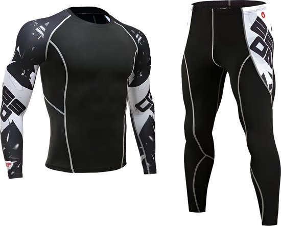 Ensemble de sport noir : haut à manches graphiques et legging assorti.