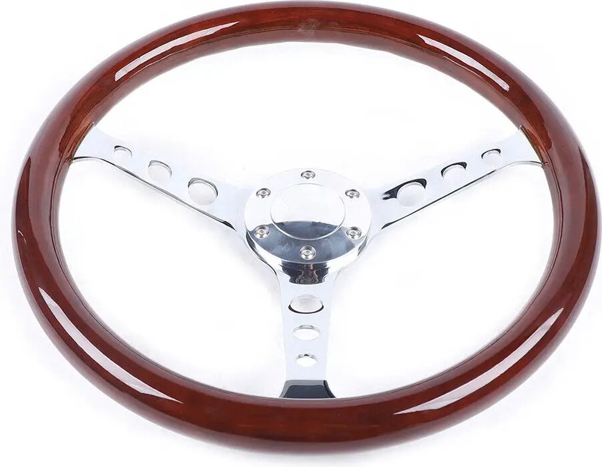 Mygroot - Autostuur - Houten autostuur - 15 inch - Bouten vintage - Verchroomd - Klassieker.