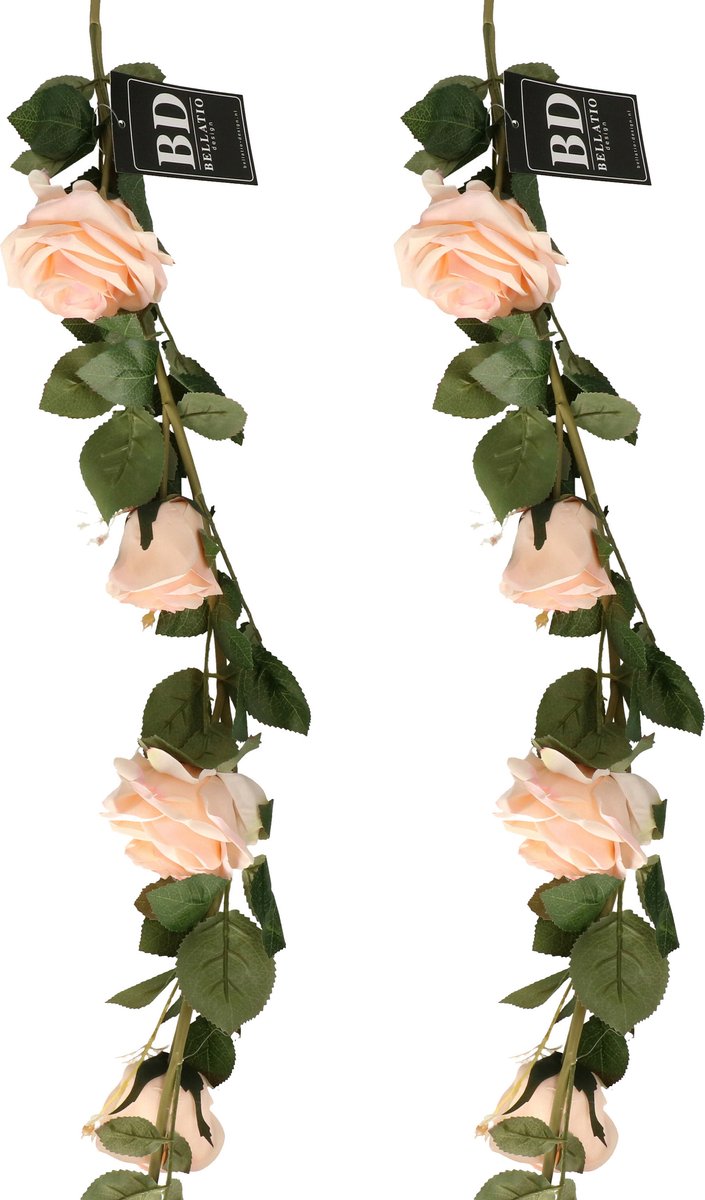 Bellatio Design Kunstbloem slinger rozen - 2x - 145 cm - perzikroze - bruiloft versiering - guirlande - decoratie Perzik oranje