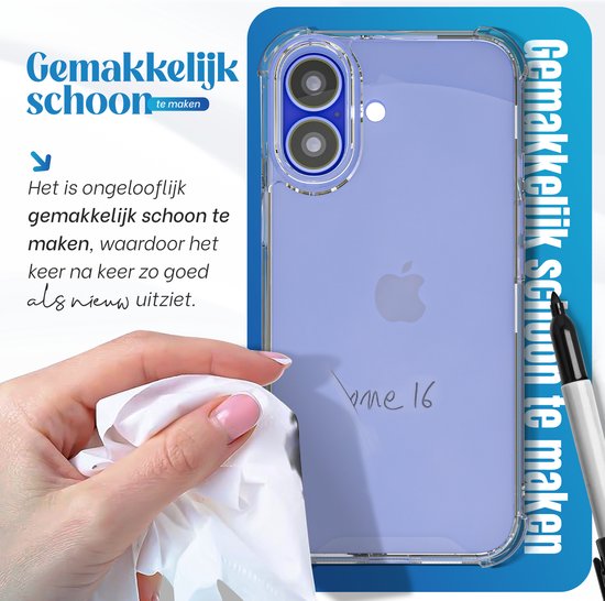 Une main nettoie une coque de téléphone transparente, avec un texte indiquant sa facilité de nettoyage.