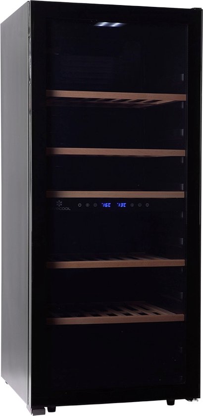 Zwarte Cavecool wijnkoelkast met glazen deur, houten planken en blauw digitaal display.