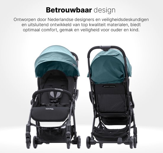 Vooraanzicht en achterzijaanzicht van een lichtgroene Hamilton by Yoop buggy.