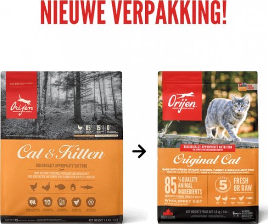 Oude en nieuwe verpakking van Orijen Cat & Kitten voer met pijl.