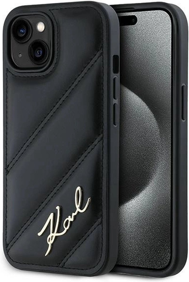 Karl Lagerfeld Diagonal Quilted Script hoesje voor iPhone 15/14/13 - zwart