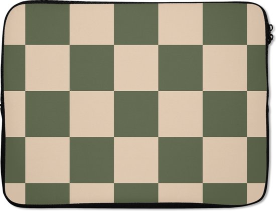 Laptophoes met symmetrische groene en beige ruitjesprint, zwarte afwerking.