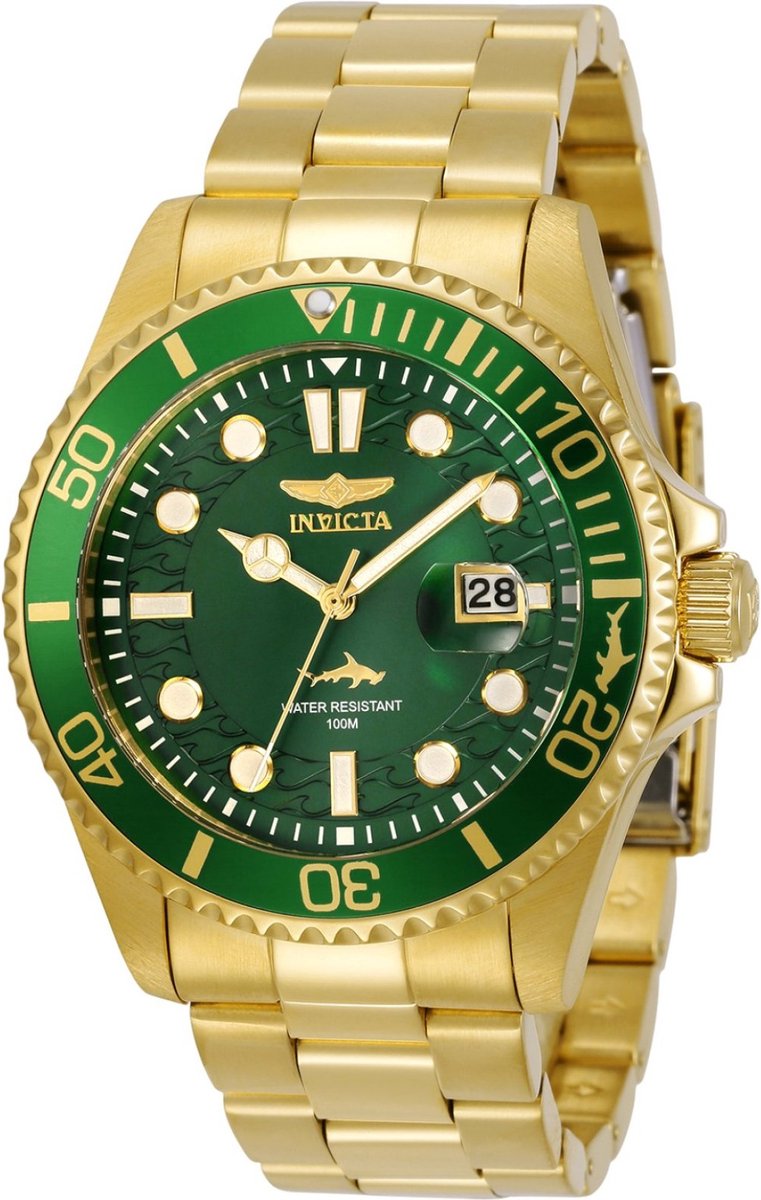 Invicta Pro Diver 30027 Heren Horloge - Waterdicht - Analoog - Quartz Uurwerk - Roestvrij Staal met groene Wijzerplaat - 43mm