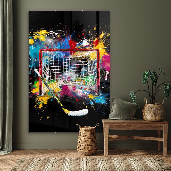 MuchoWow® Glasschilderij 100x150 cm - Schilderij acrylglas - Graffiti - Sport - IJshockey - Hockey goal - Foto op glas - Muurdecoratie woonkamer - Wanddecoratie slaapkamer - Schilderijen