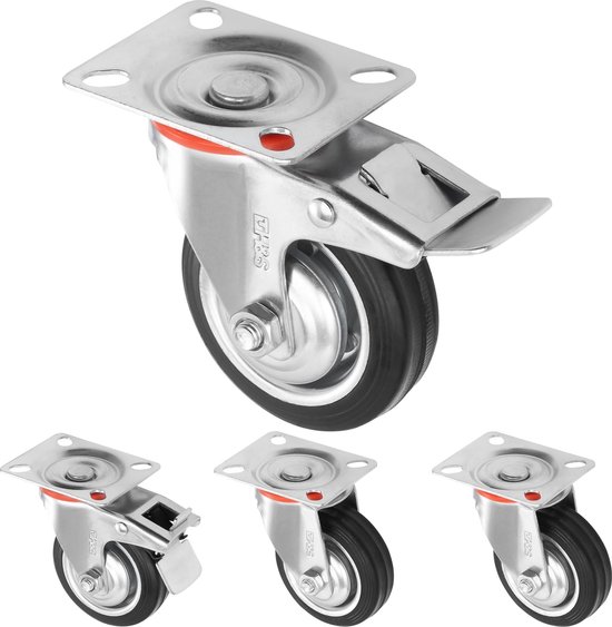 Foto: H s zwenkwielen set van 4 rubberen wielen 75 mm 2x wieltjes met rem meubelwielen met dubbele kogellager zwenkkop transportwielen voor meubels