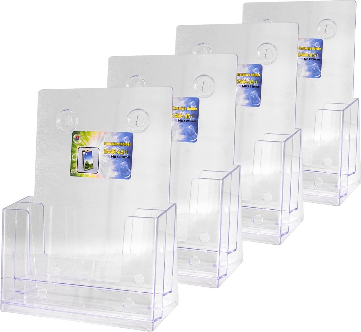 Wandbrochurehouder A5 - 4 stuks doorzichtige kunststof 2-traps brochurehouders voor flyers en menu's