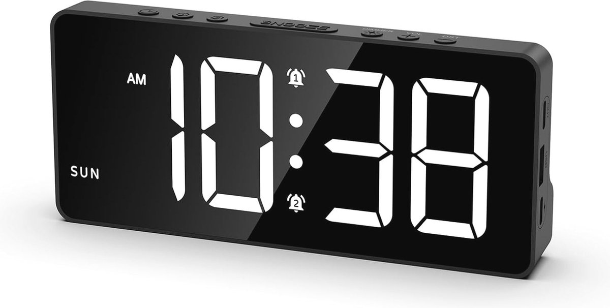 Digitale wekker met LED-display, Dubbele alarmen, USB-poorten en snooze functie