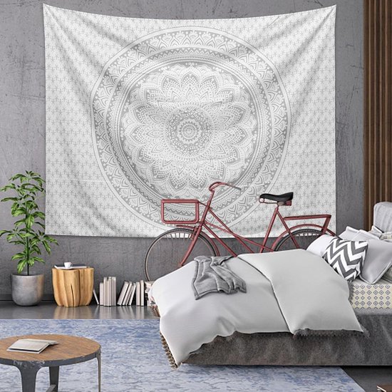 Grande tapisserie 200 x 150 cm, tapisserie mandala en tissu bohème hippie, couverture bohème soleil et lune, art mural pour décoration de la maison, chambre, dortoir, salon, plage (Mandala D)