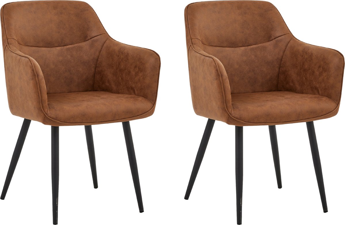 Colenis City Eetkamerstoel - Set Van 2 - Cognac - Microfiber - Microvezel - Industrieel - Stoel - Design - Armleuningen
