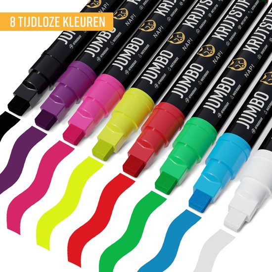 Napi Raamstiften XL 8st - 3-in-1 Punt - Afwasbaar - Jumbo Krijtstiften voor Krijtbord & Raam - 3 tot 10mm - Whiteboard Stiften - Whiteboardmarkers - Krijtstift Markers - Glasstiften - Krijtmarker - Porselein - Glas - 8 Kleuren