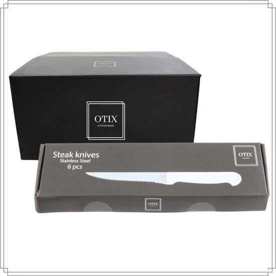 Zwarte doos met tekst Steak knives 6 pcs en een Otix steakmes afgebeeld op de verpakking.