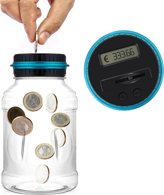 Digitale spaarpot met munten teller - Geschikt voor euro munten - 1,8 L - Transparant - Digitale muntenteller - Blauw