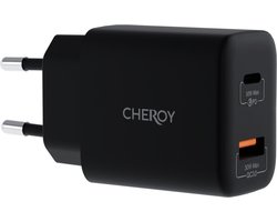 CHEROY 30W Wall Charger – Snellader – USB A / USB C Adapter – Oplader – Dual Port Power Delivery – QuickCharge 3.0 – Zwart