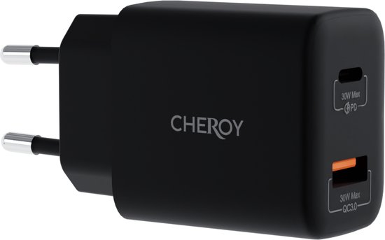 Chargeur mural noir Chéroy 30W avec ports USB-C (30W Max PD) et USB-A (30W Max QC3.0).