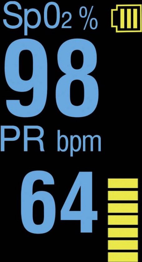 Pulsoximeter scherm met SpO2 98%, PR 64 bpm en batterij-indicatie.