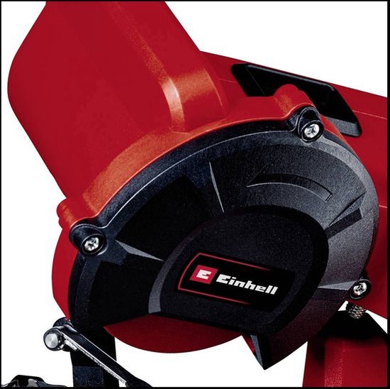 Detail van de zwarte aandrijvingskap met Einhell logo op de rode kettingzaagslijper.