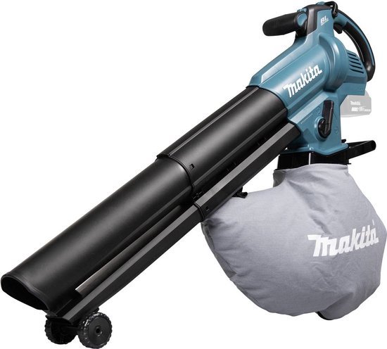 Turquoise Makita bladblazer met zwarte slang en grijze opvangzak.