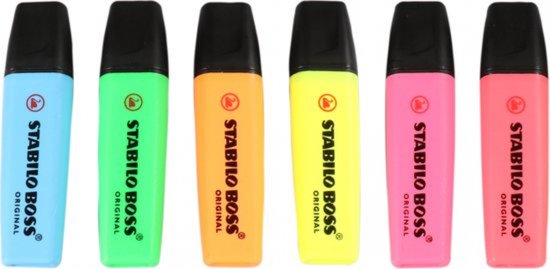 Zes STABILO BOSS ORIGINAL markeerstiften: lichtblauw, groen, oranje, geel, roze, rood.