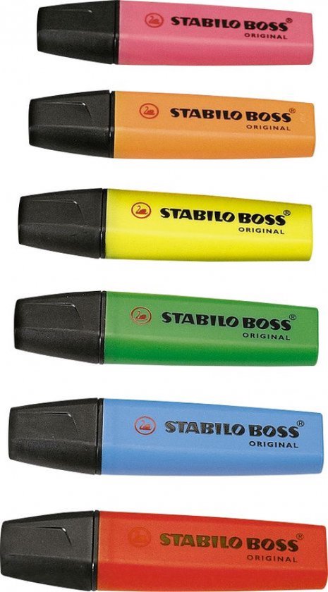 Zes STABILO BOSS ORIGINAL markeerstiften: roze, oranje, geel, groen, lichtblauw, rood.