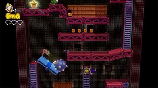 Paars gekleurd level met bakstenen muren, roze metalen platforms en een blauwe bal.