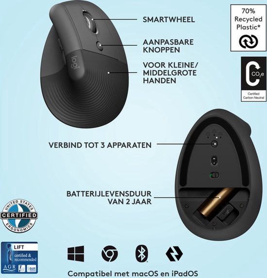 Logitech Lift - Verticale ergonomische muis - Rechtshandig - Donkergrijs