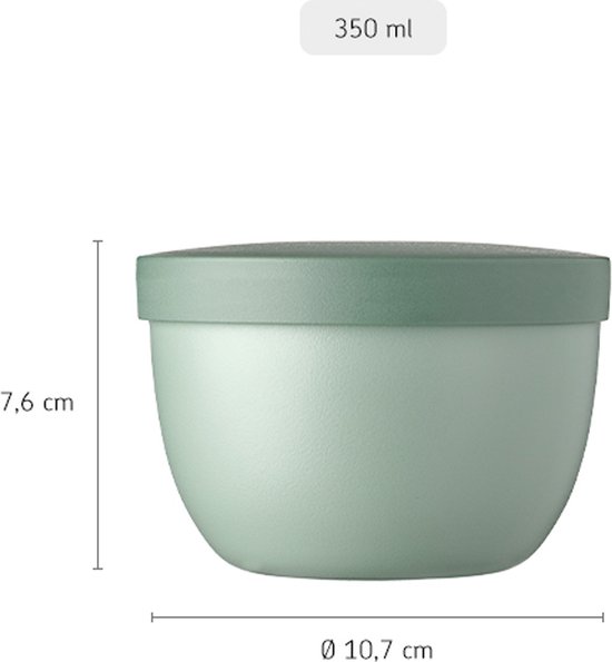 Pot à collation vert pâle de 350 ml avec couvercle vert foncé. Dimensions : 7,6 cm de haut, 10,7 cm de diamètre.