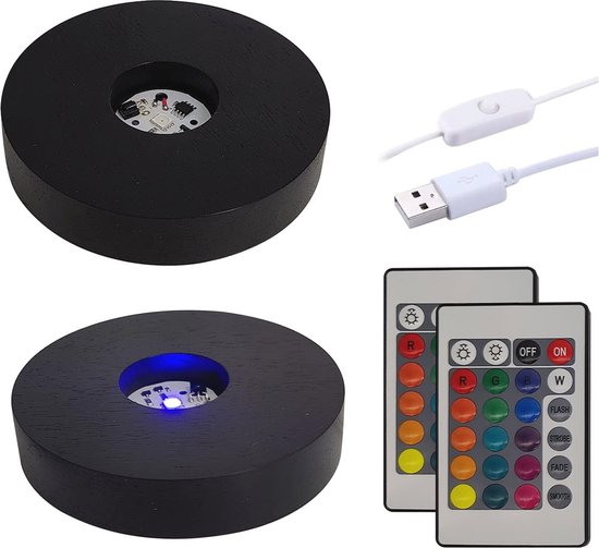 LED ronde houten basis, 2 stuks 10 cm ronde houten lichtstandaard bases, houten LED-verlichting display basis voor 3D kristal glas hars kunst