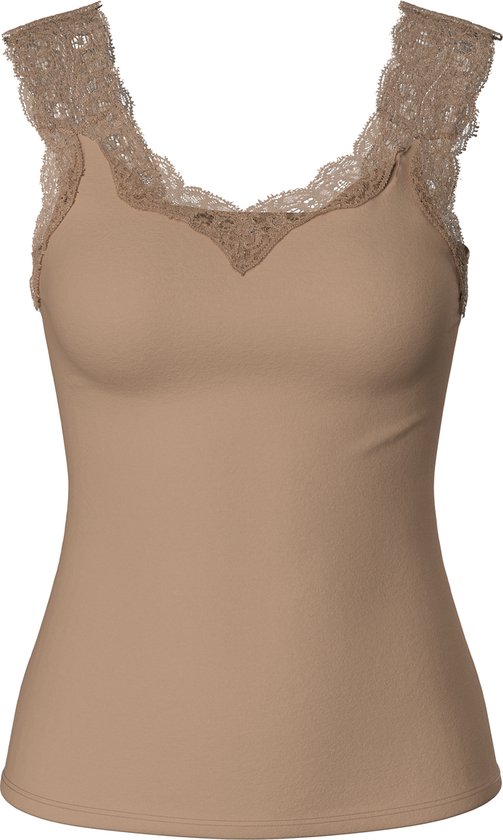 Beige hemd met kanten rand aan de schouders en de V-hals.