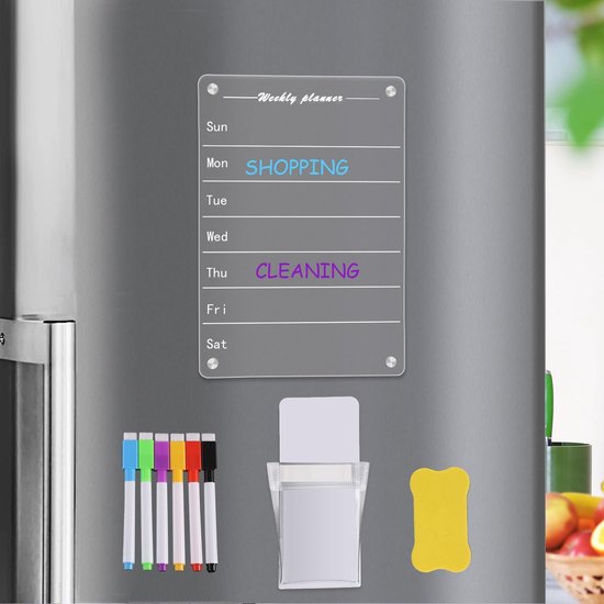 Planning Hebdomadaire Magnétique Acrylique Transparent - 40x30cm Pour Frigo - Planificateur Menus, Tâches, Courses