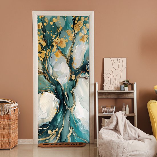 Deurposter 80x205 cm - Deursticker Boom - Modern - Verflook - Turquoise - Goud - Meubelfolie zelfklevend - Deurfolie woonkamer - Interieurfolie fotobehang - Deur plakfolie - Deurstickers - Deurbehang sticker - Kamer decoratie