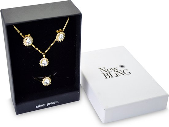 New Bling Gift Set 9NB SET011 58 Bijoux Coffret - Boucles d' Boucles d'oreilles en argent 6x8 mm Collier 40 + 5 cm Taille de la Ring 58 - Solitaire pierre zircons - couleur or