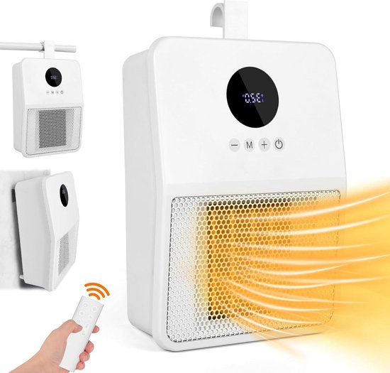 Keramische ventilatorkachel 1500W - kleine elektrische verwarming voor badkamer - afstandsbediening - 3 modi - lcd-display - timer - oververhittings- en kantelbeveiliging - wandmontage - S780