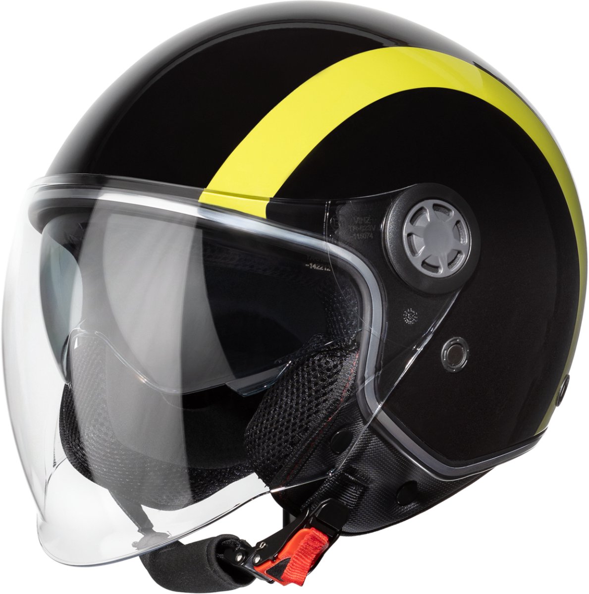 VINZ Jungbu Scooterhelm met zonnevizier / Jethelm met streep / Brommerhelm / Motorhelm / Helm Scooter Retro / Snorfiets helm / Snorscooter helm - Geschikt Voor Helmplicht Blauw Kenteken - Geel - M
