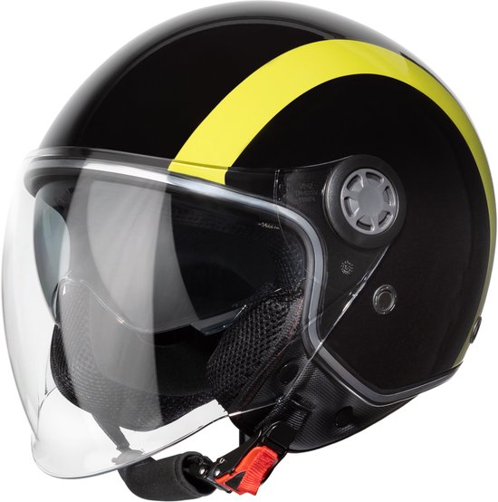VINZ Jungbu Scooterhelm met zonnevizier / Jethelm met streep / Brommerhelm / Motorhelm / Helm Scooter Retro / Snorfiets helm / Snorscooter helm - Geschikt Voor Helmplicht Blauw Kenteken - Geel - M