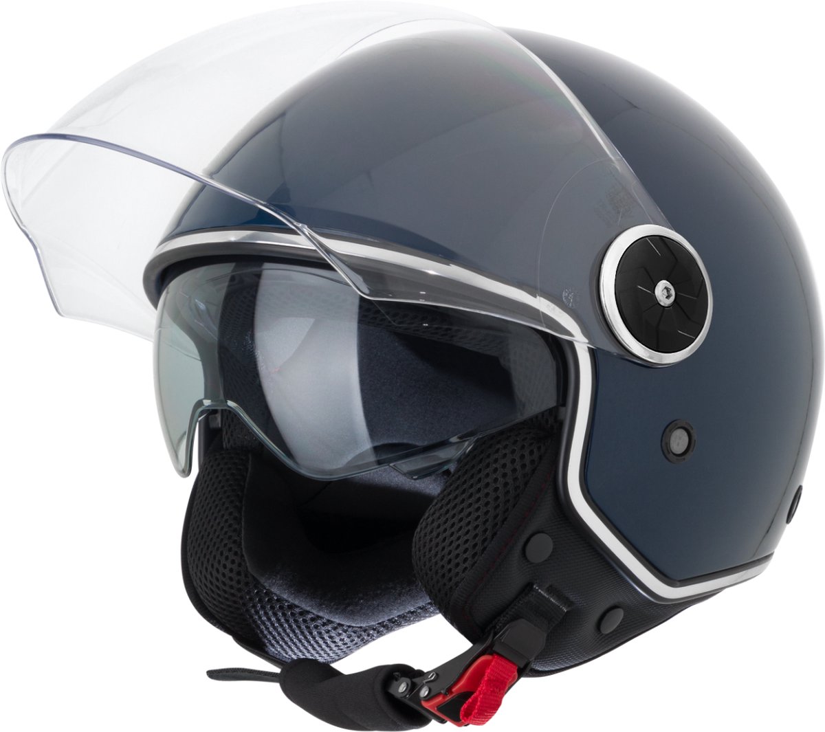 VINZ Tobia Jethelm met Zonnevizier | Scooterhelm & Motorhelm & Brommerhelm & Snorfietshelm | ECE 22.06 goedgekeurd | Lichtgewicht 1200 gram | Voor Heren & Dames | Inclusief Opbergzak | Blauw - S