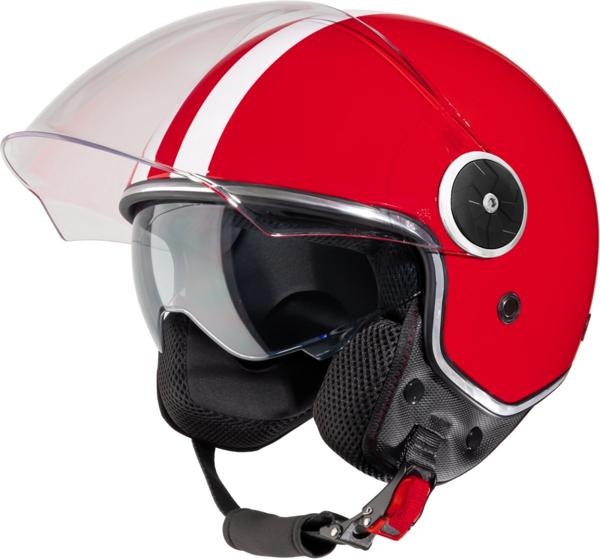 VINZ Arenas Jethelm met Zonnevizier en Strepen | Scooterhelm Retro & Motorhelm Retro & Brommerhelm & Snorfiets Helm | ECE 22.06 goedgekeurd | Lichtgewicht 1200 gram | Voor Heren & Dames | Inclusief Opbergzak | Rood - L