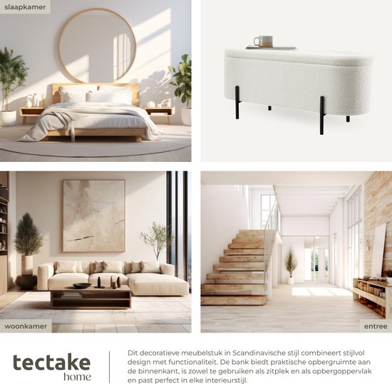 tectake - banc rembourré - banc en MDF Lanja - avec tissu bouclé et espace de rangement - blanc crème