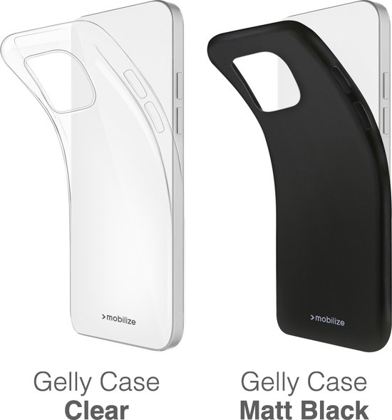 Twee Mobilize Gelly Cases: één transparant en één matzwart, gepresenteerd op een smartphone.