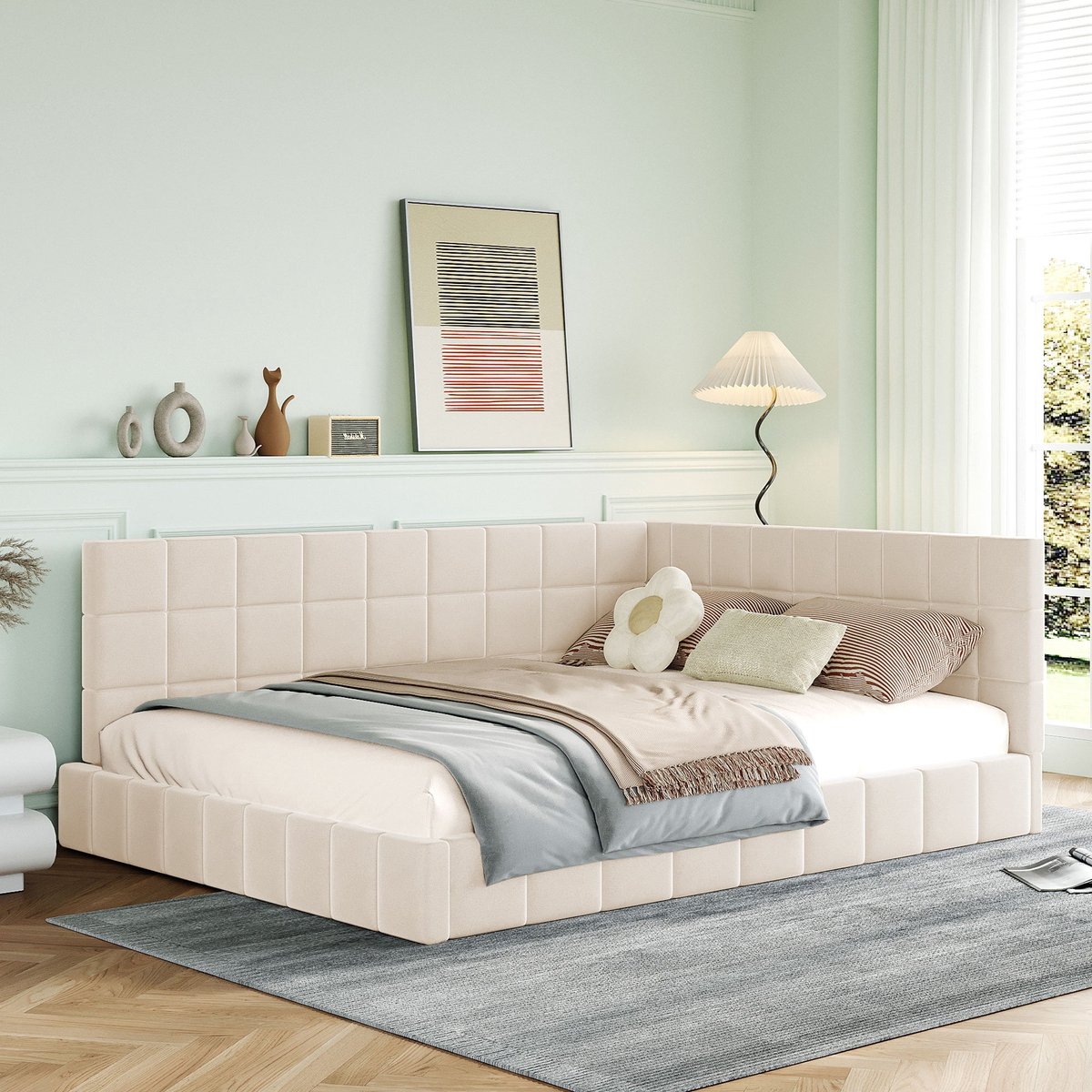 Merax Gestoffeerd Bed 140x200 cm – Slaapbank met Lattenbodem – Beige