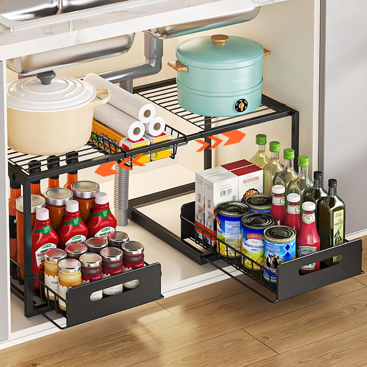 La'Moussawi ® Verstelbare Onderkast Organizer voor Keuken en Badkamer met Uittrekbare Manden - Twee Niveaus