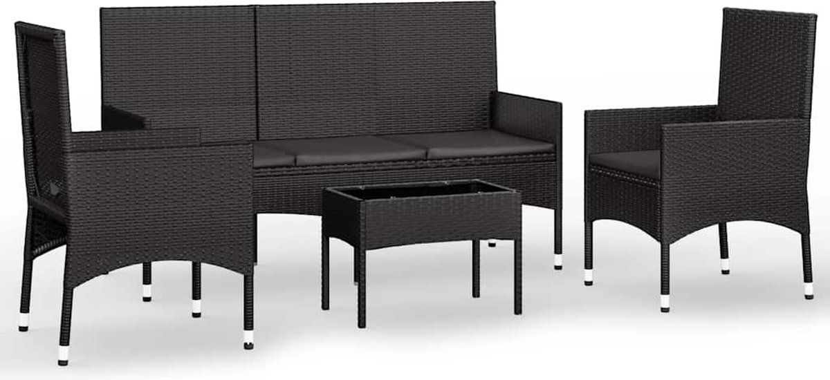 vidaXL 4-delige - Loungeset - met - kussens - poly - rattan - zwart