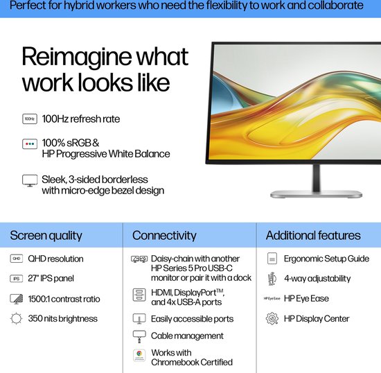 Details van de HP monitor: QHD, 100Hz, 3-zijdig randloos.
